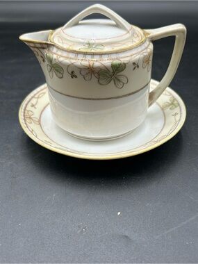 Nippon hand painted moriage Ivory Porcelain Creamer with Green shamrock Trim